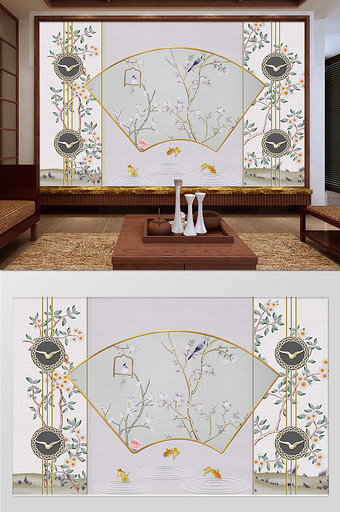 新中式手绘工笔花鸟图书房背景墙图片