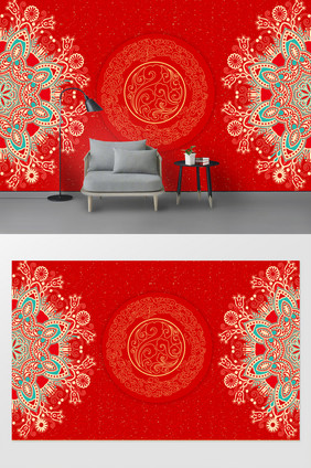 新现代中国风中国红纹理纹样剪纸背景墙