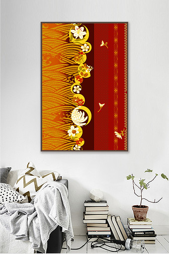 日式金色风格艺术抽象红色装饰画素材图片