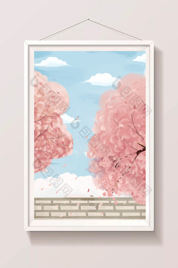 粉红色春天天空白云浪漫插画背景