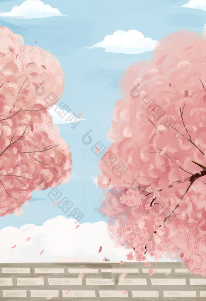 粉红色春天天空白云浪漫插画背景