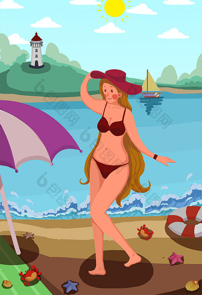 卡通扁平度假旅游夏日海滩比基尼插画