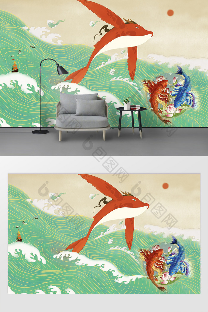 中国风抽象海浪鱼背景墙
