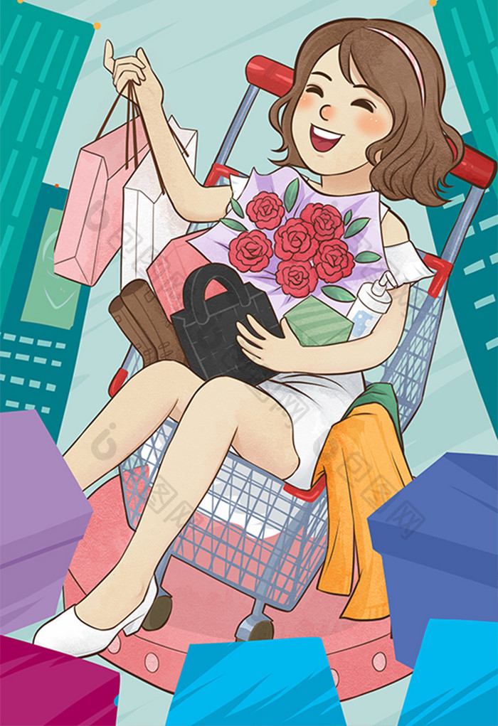 时尚波普风购物电商促销美女坐购物车插画