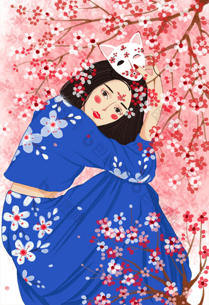 粉色清新唯美治愈系浪漫樱花卡通插画