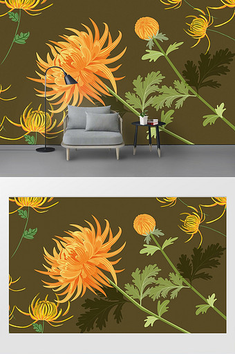 新中式工笔手绘菊花背景墙壁纸壁画图片