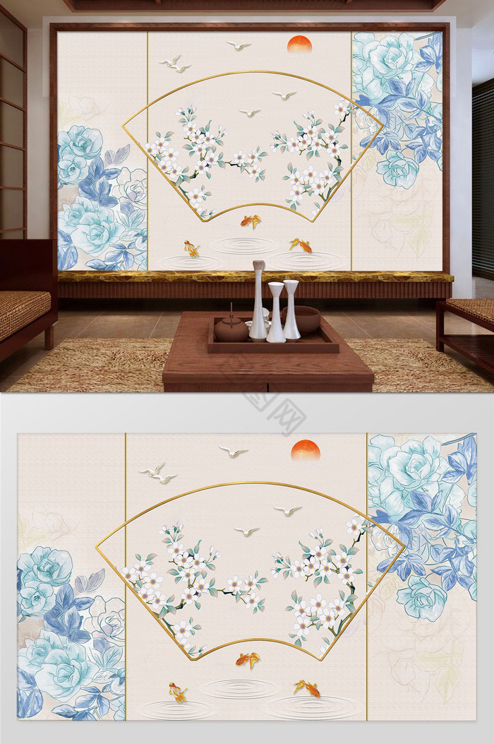 新中式手绘工笔画客厅沙发背景图片