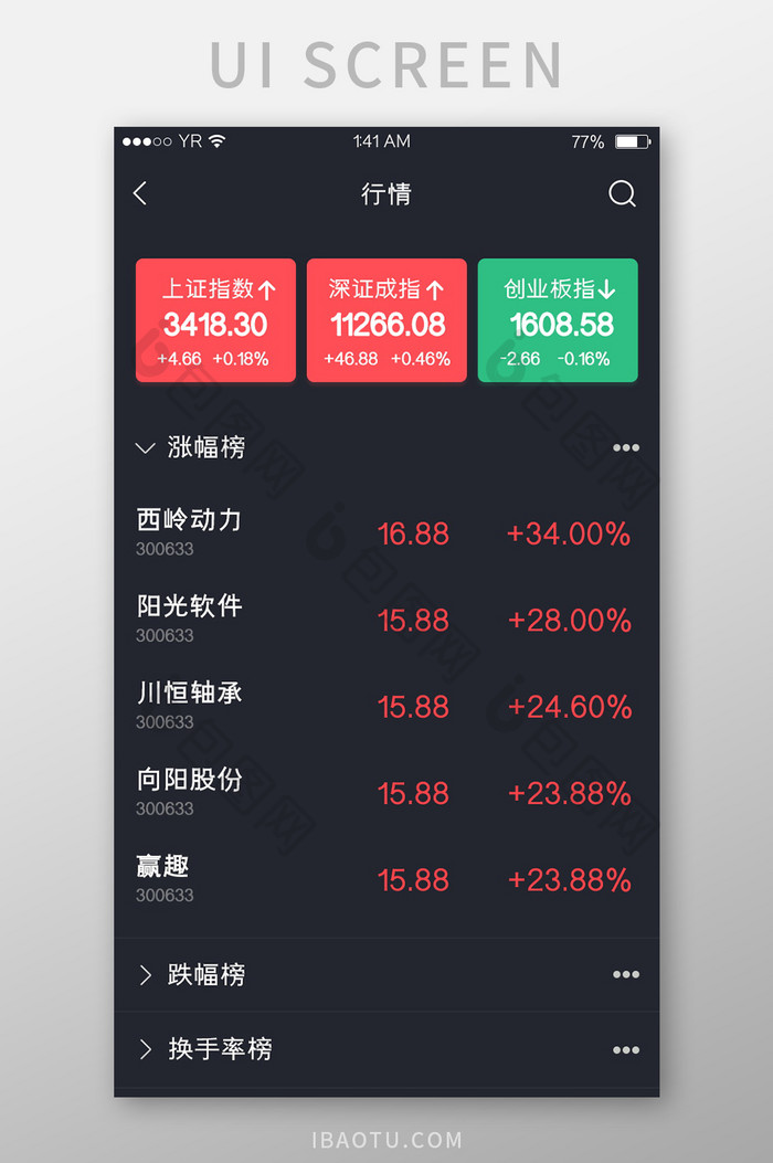 红色简约风格夜间模式股票行情榜单展示界面