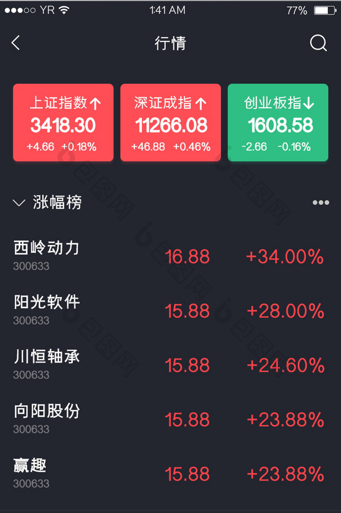 红色简约风格夜间模式股票行情榜单展示界面