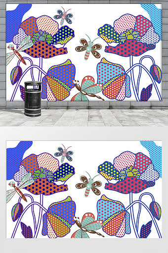 时尚创意手绘抽象荷花蜻蜓飞舞网红背景墙图片