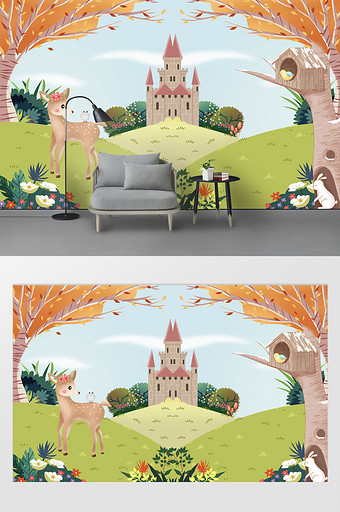 现代卡通城堡花园小鹿树枝鸟儿电视背景墙图片