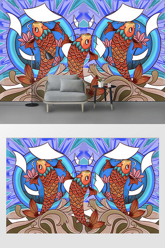 现代唯美手绘抽象锦鲤创意电视背景墙图片
