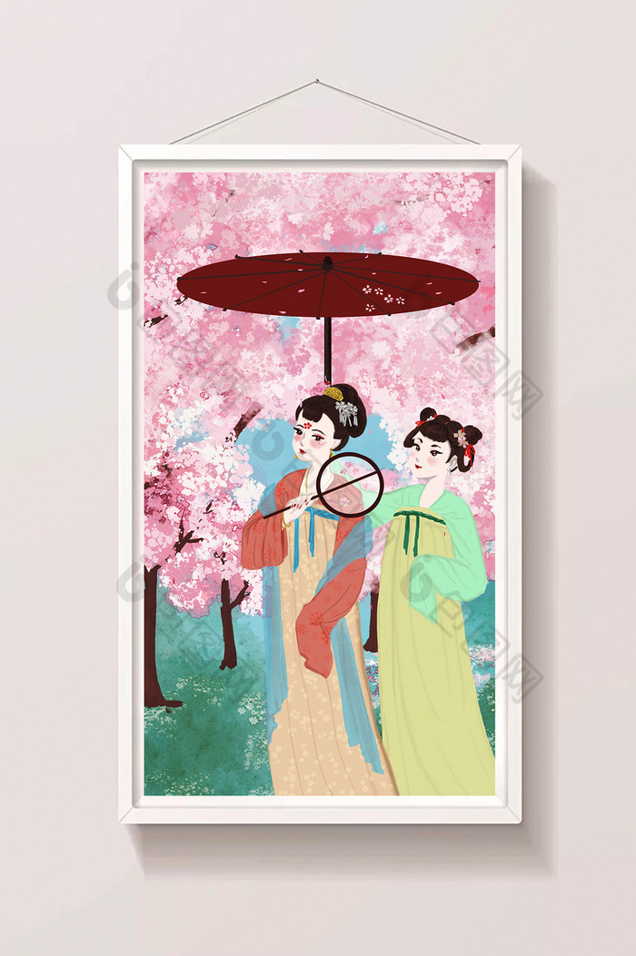 粉色唯美中国古风美女樱花节GIF插画