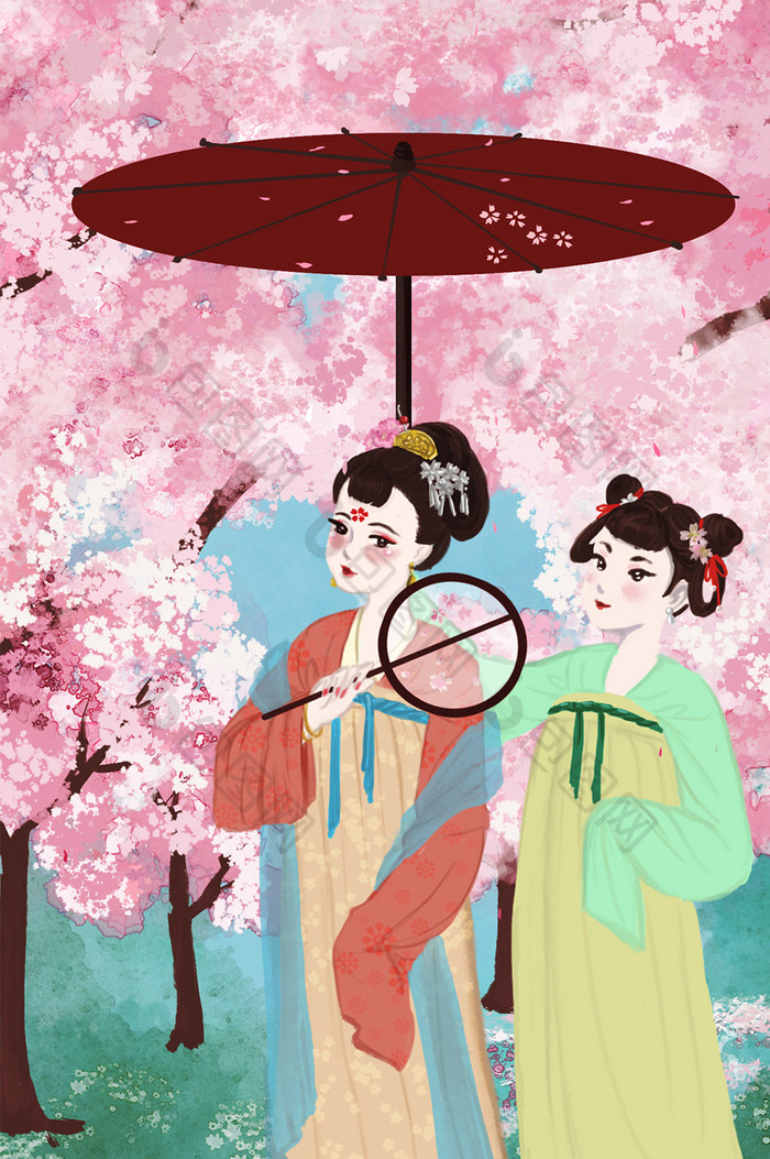 粉色唯美中国古风美女樱花节GIF插画