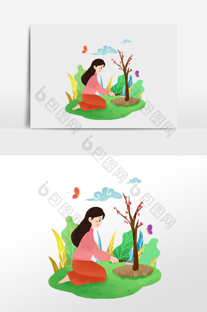 清明节植树女孩插画图片图片