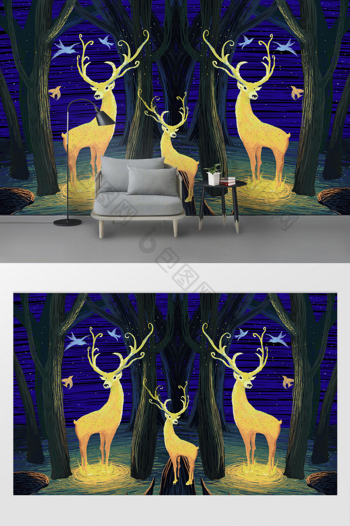 现代时尚唯美线圈森林小鹿飞鸟电视背景墙