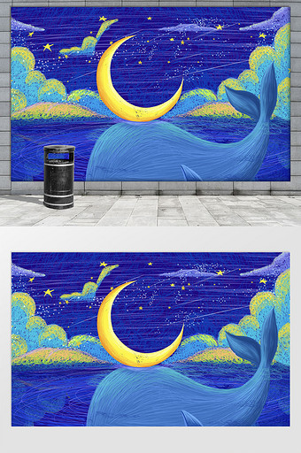 个性创意梦幻线圈画海豚月亮网红背景墙图片