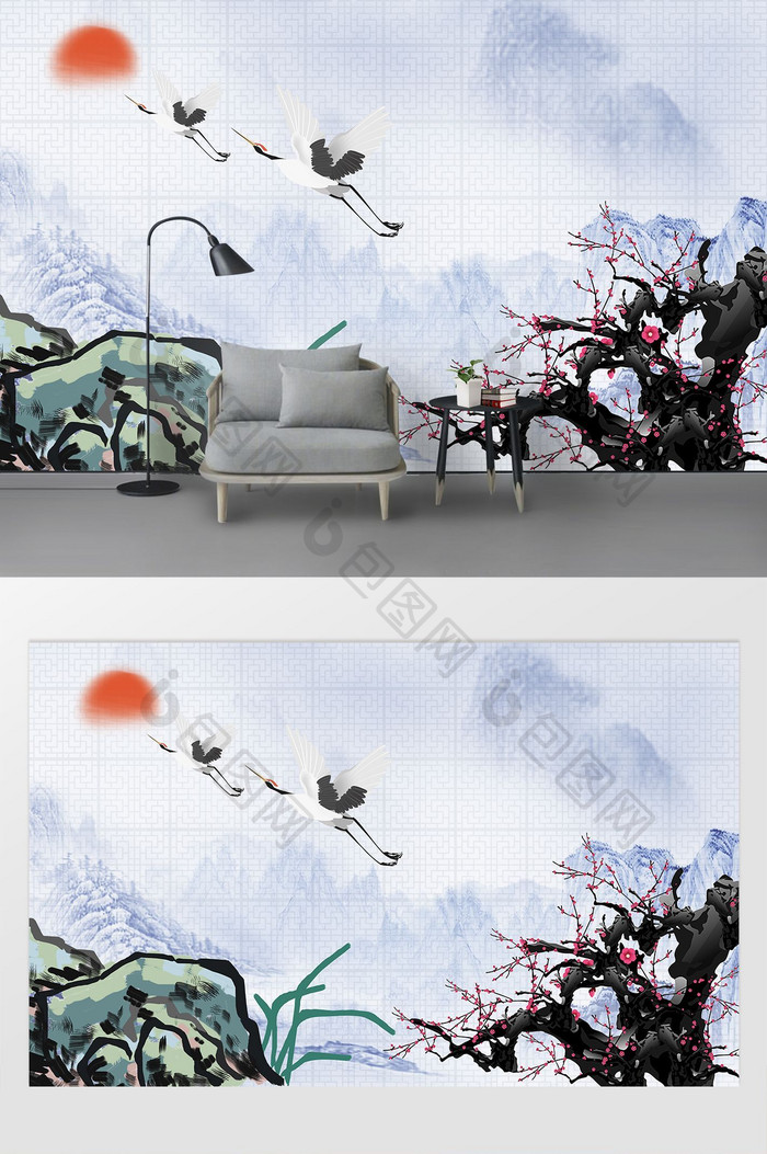 新中式手绘传统松树仙鹤背景墙