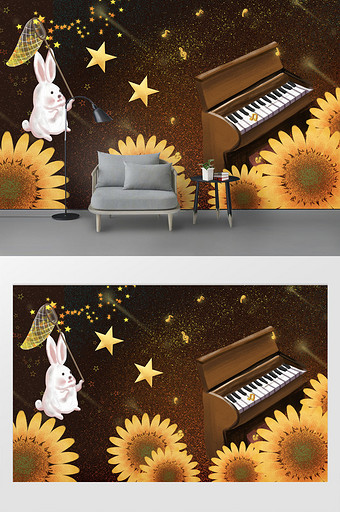 现代唯美向日葵星空艺术钢琴音符电视背景墙图片