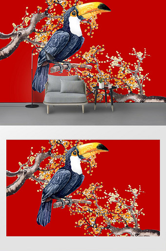 现代简约手绘花鸟背景墙壁画图片