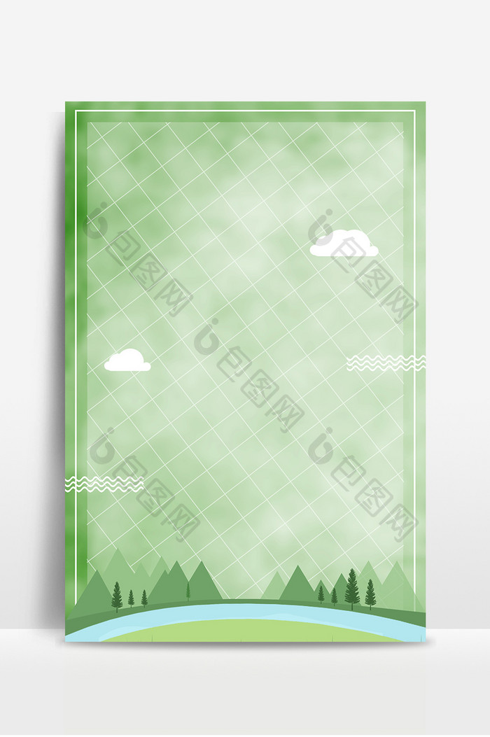春天绿色纹理卡通白云广告背景图