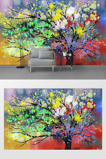 现代七彩抽象树油画背景装饰画图片