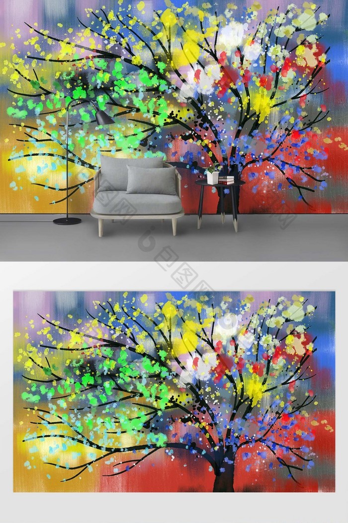 现代七彩抽象树油画背景装饰画