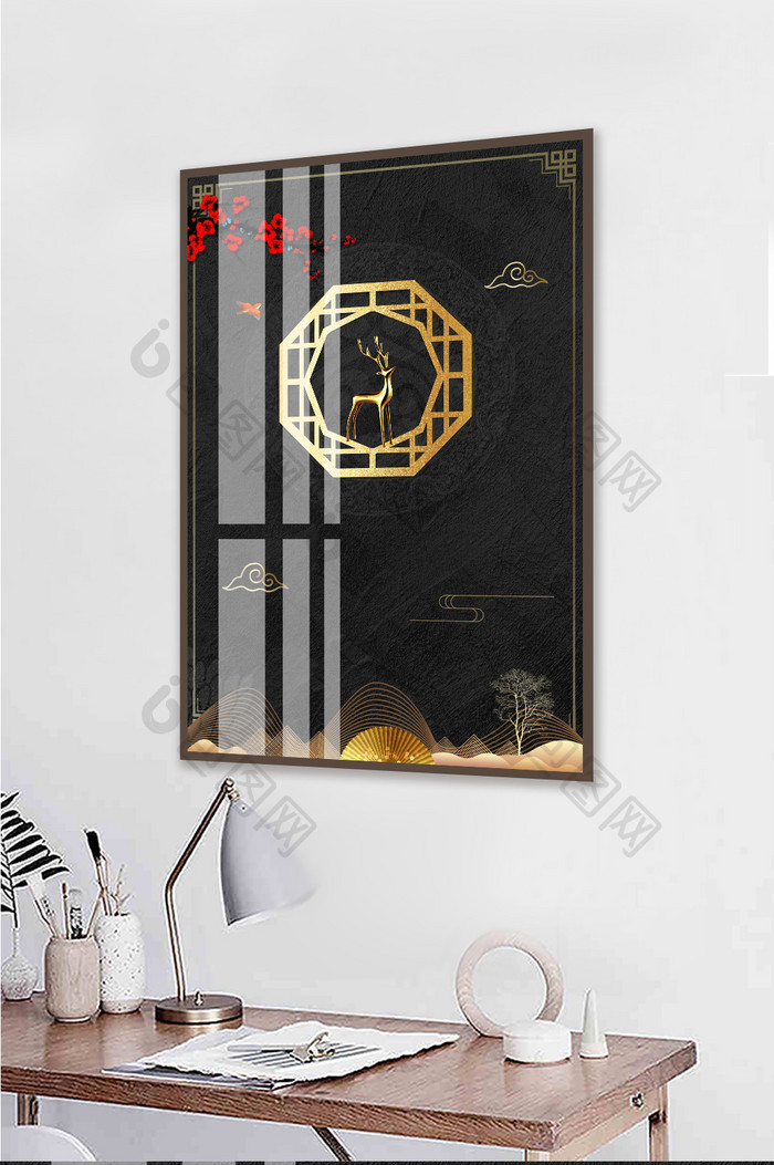 中式金色古典线条梅花酒店晶瓷装饰画