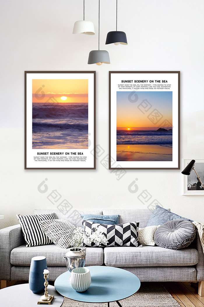海洋夕阳自然风景唯美客厅双联装饰画图片图片