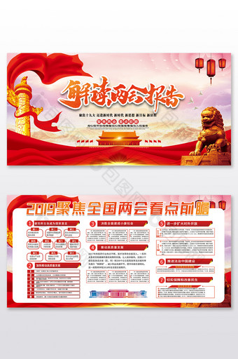 红色中国风聚焦两会报告党建展板两件套图片