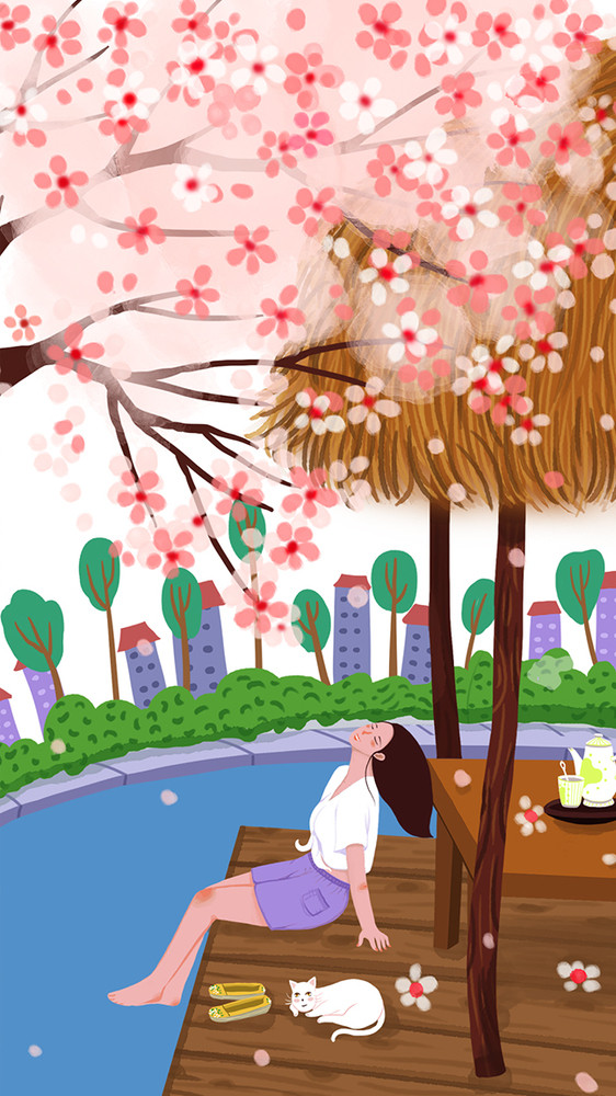 粉色清新唯美治愈系樱花节赏花动态插画图片