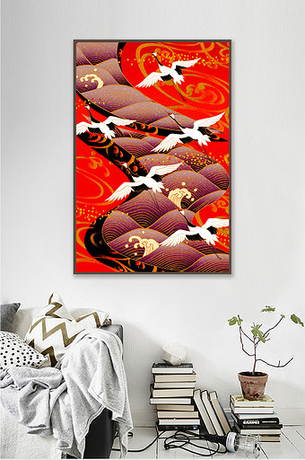 日式风格鹤红色风景抽象艺术装饰画素材图片