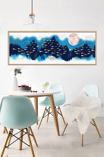 抽象艺术风景鱼类蓝色背景月亮装饰画素材图片