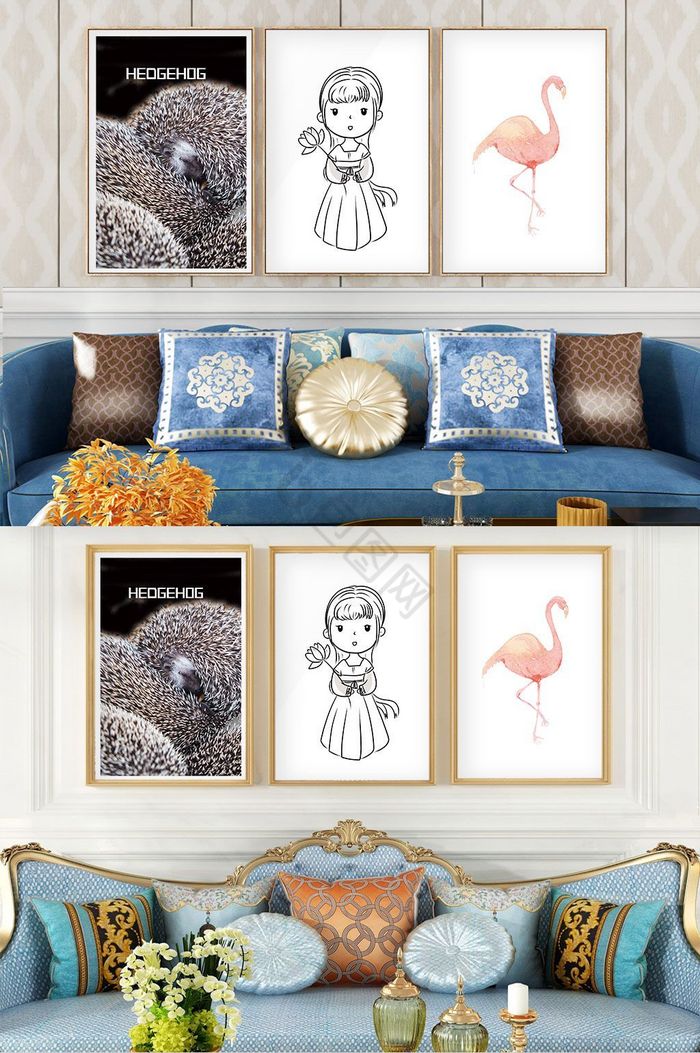 简欧动物刺猬手绘线条客厅卧室装饰画图片