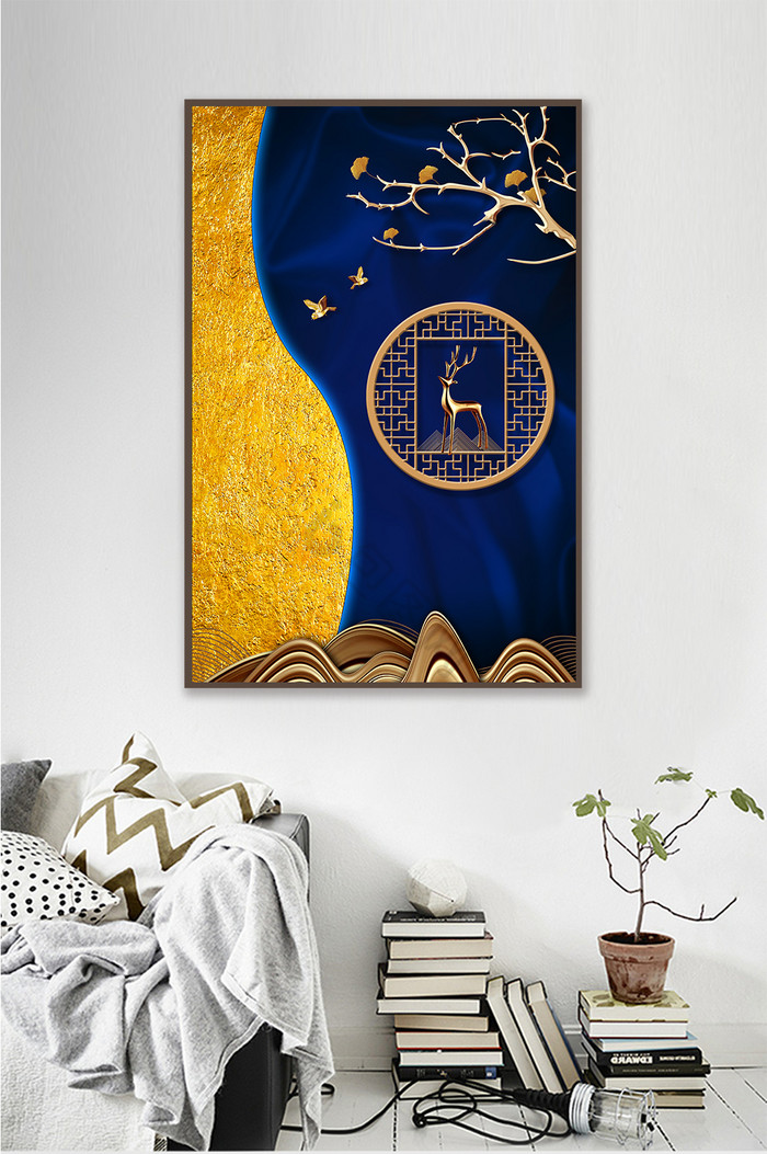 中式金色抽象山麋鹿飞鸟客厅装饰画图片