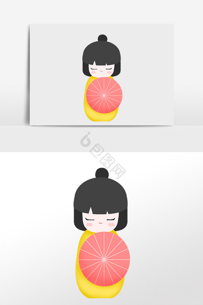 日本和服拿伞娃娃插画图片