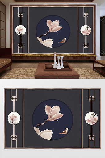 中式新古典意境花枝金属浮雕背景墙图片