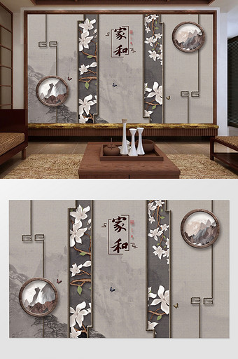 新中式手绘玉兰花鸟油画背景墙图片