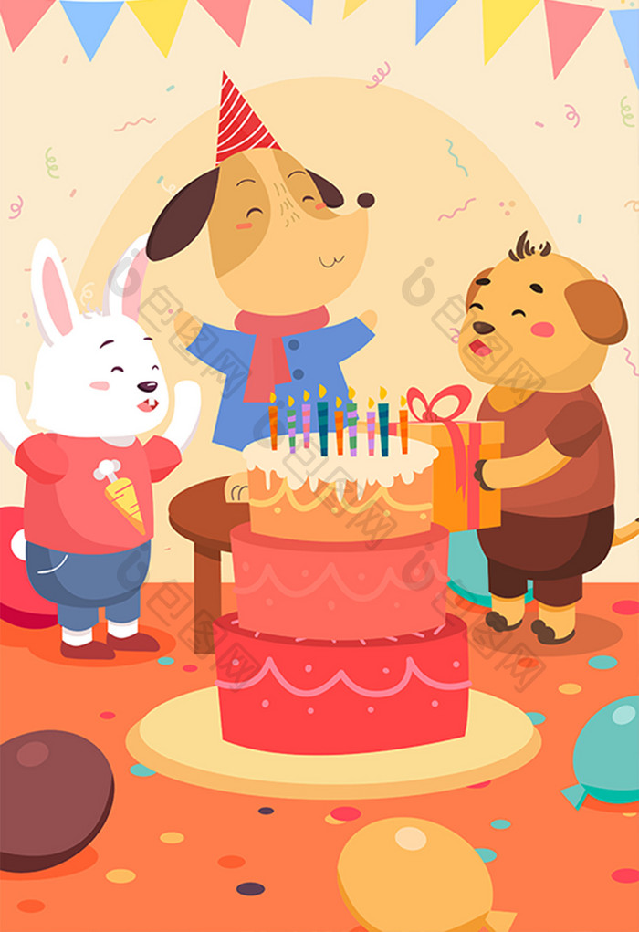 卡通庆祝生日祝福生日快乐蛋糕海报插画