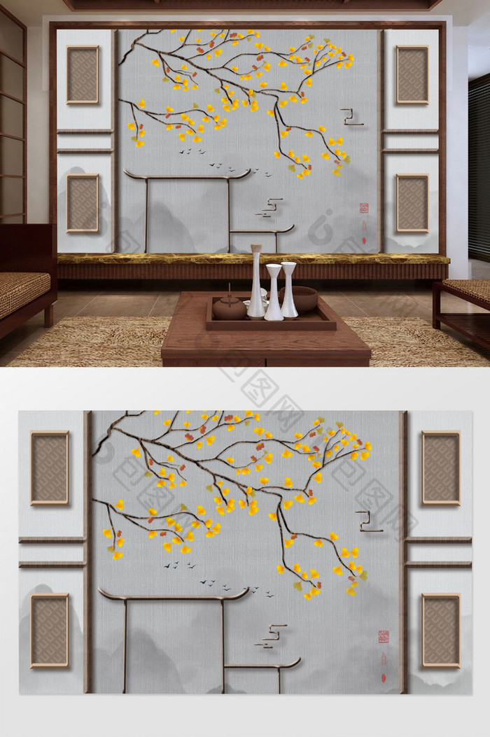 中式手绘银杏叶简约大气背景墙壁画