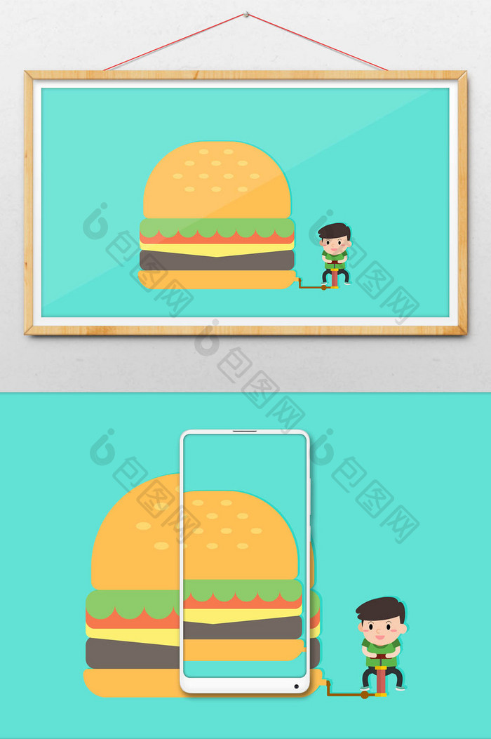 男孩与美食汉堡包扁平插图gif动画
