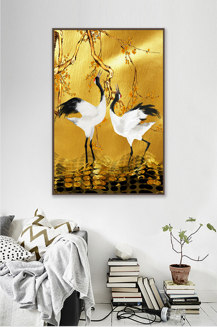 金色艺术抽象鹤金色金箔底色高档装饰画图片