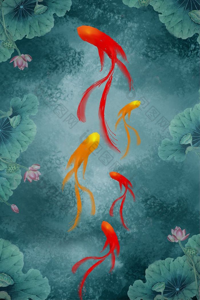 新中式中国风金鱼深色水波深绿色荷花装饰画