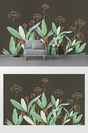 清新植物油画水彩鎏金铁艺花朵布纹背景墙