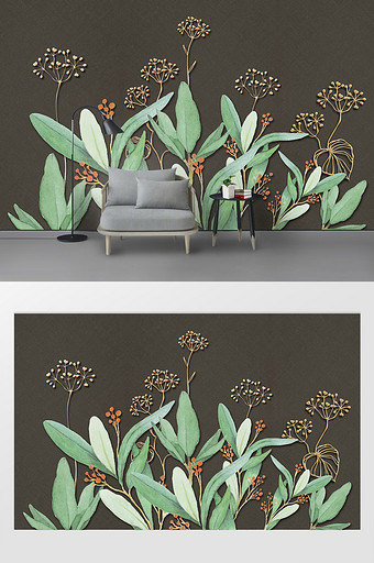 清新植物油画水彩鎏金铁艺花朵布纹背景墙图片