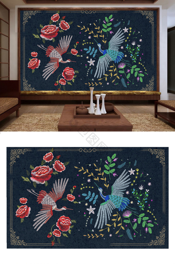 凤凰刺绣花中式潮流背景墙图片
