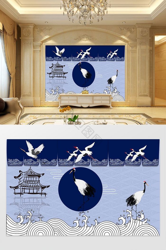 中式国潮传统白鹤云条纹海浪背景墙效果图图片