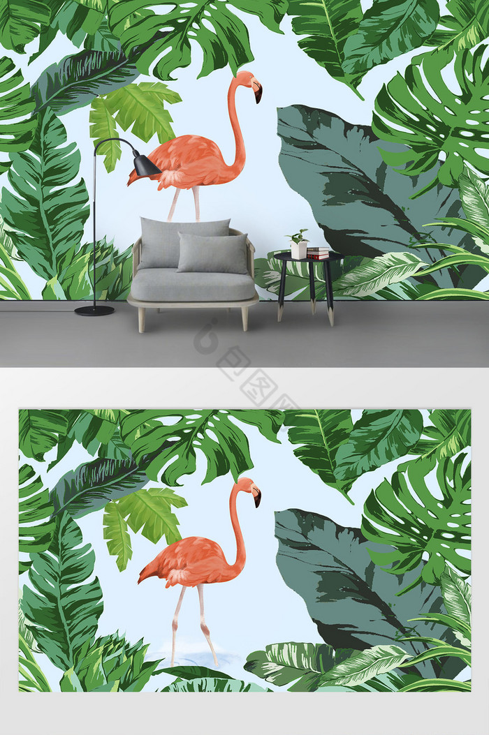 新现代绿色芭蕉植物叶子火烈鸟背景墙图片