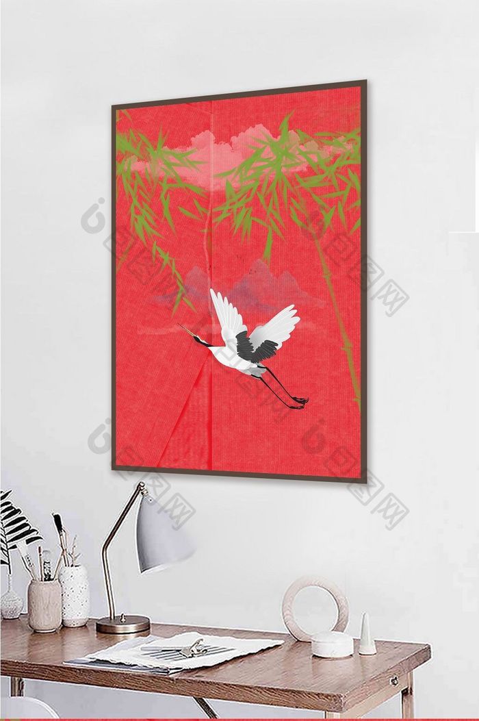 中国风国潮红色仙鹤竹子现代风格客厅装饰画