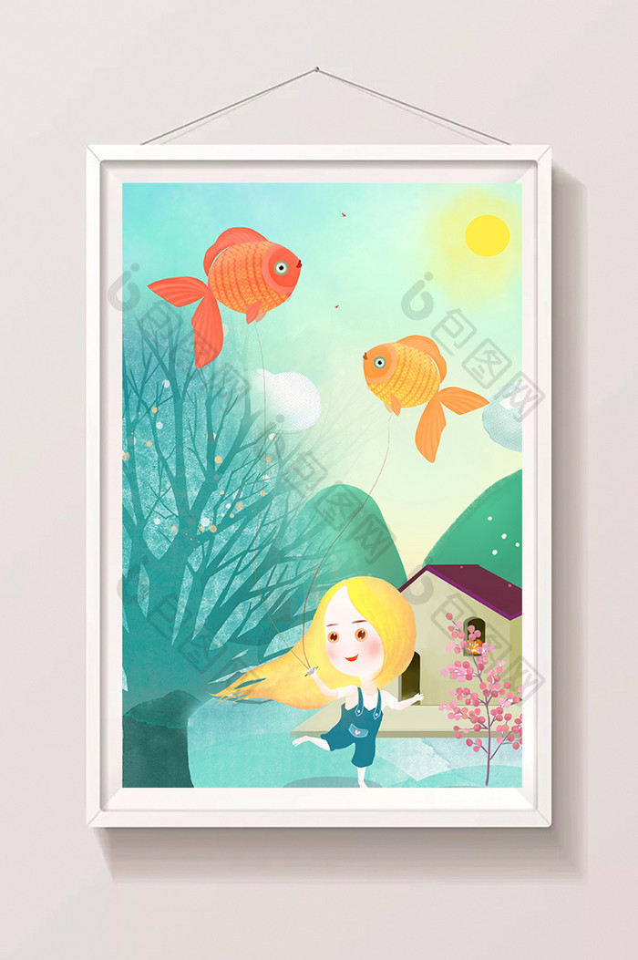 你好四月放风筝的小女孩大鱼金鱼树林水彩画